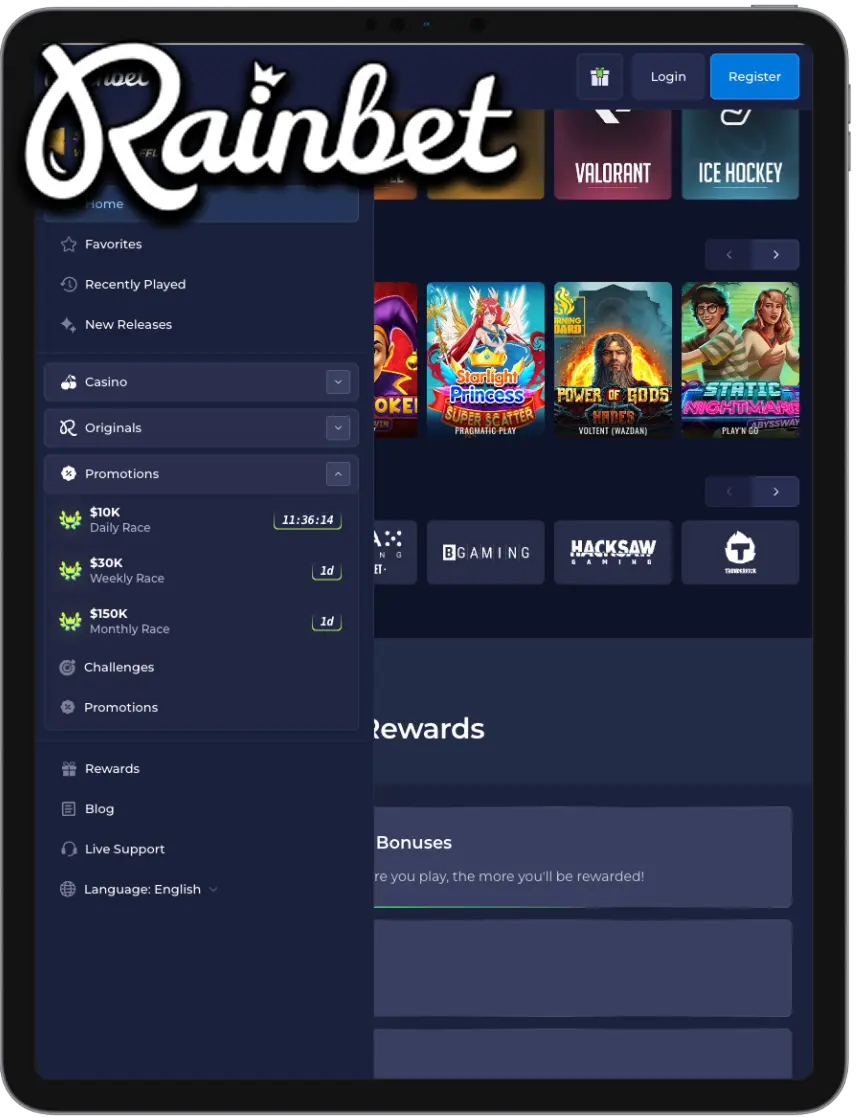 Rainbet mobile interface
