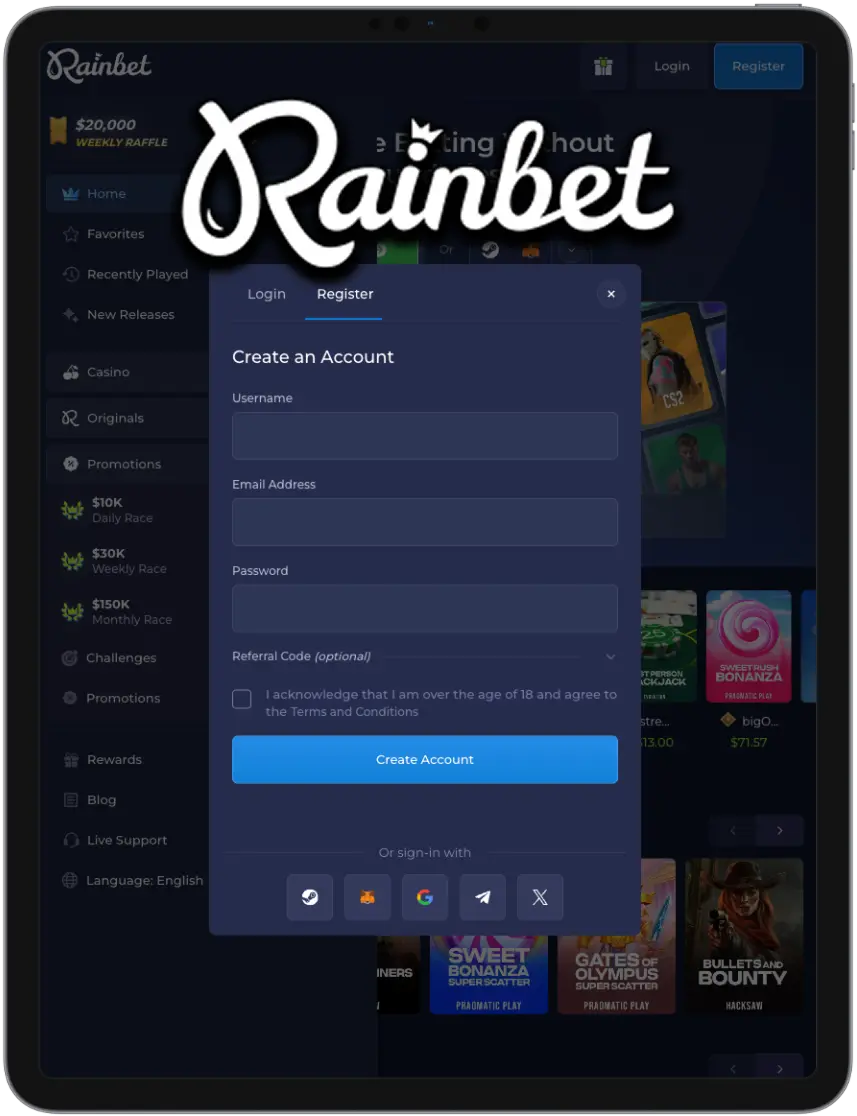 Rainbet sign up and login via mobile